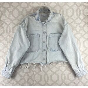 Zara Denim Jacket Womens Medium Light Wash Raw Hem Cropped Oversized Cotton M